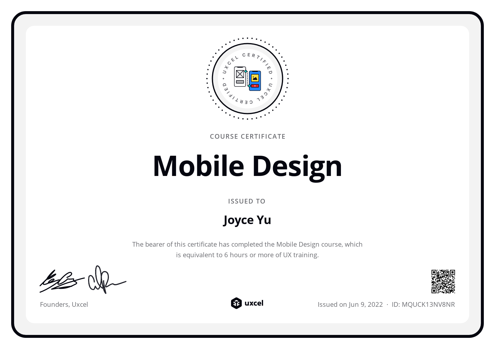 Joyce Yu's certificate